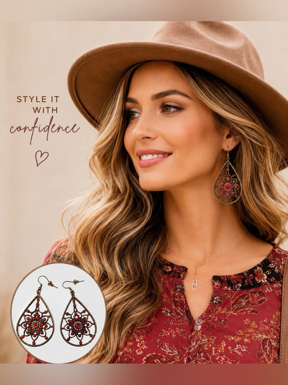 Vintage Boho Teardrop Earrings Red Floral Filigree Dangle Earrings Antique